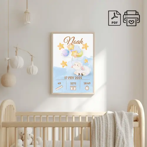 Quadro de Nascimento Personalizado Noah - Ovelhinha