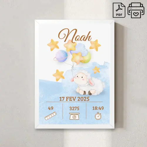 Quadro de Nascimento Personalizado Noah - Ovelhinha Arquivo Digit