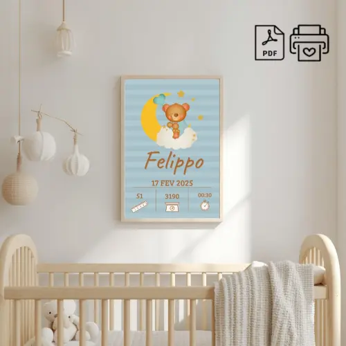 Quadro de Nascimento Personalizado Felippo - Ursinho Nuvem
