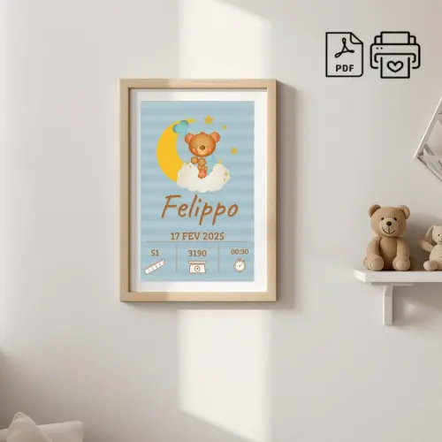 Quadro de Nascimento Personalizado Felippo - Ursinho Nuvem Arquiv