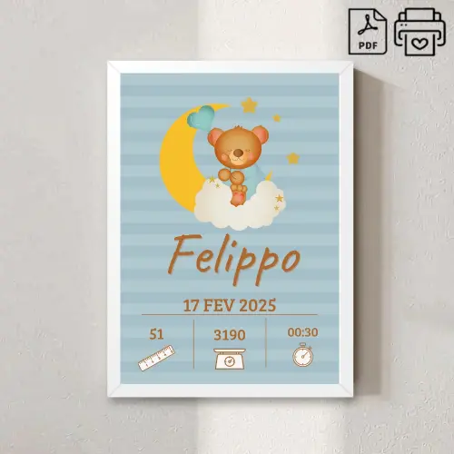 Quadro de Nascimento Personalizado Felippo - Ursinho Nuvem Arquiv