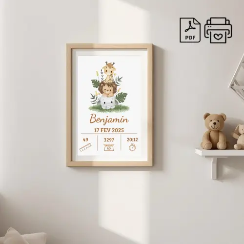Quadro de Nascimento Personalizado Benjamin - Safari Arquivo Digi