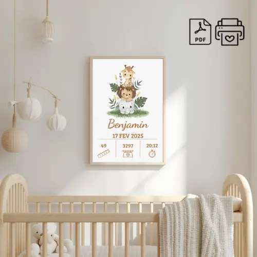 Quadro de Nascimento Personalizado Benjamin - Safari
