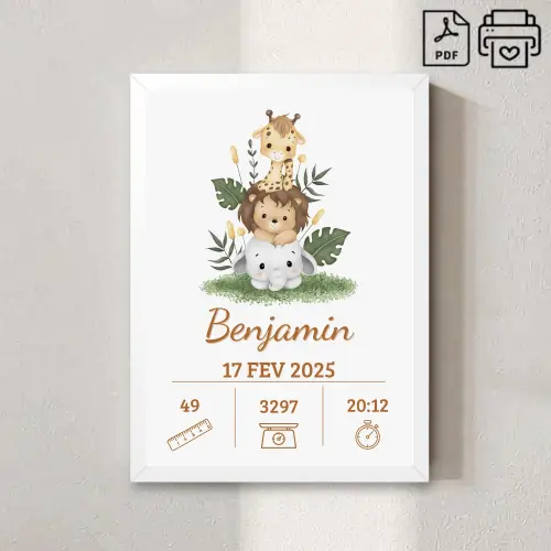 Quadro de Nascimento Personalizado Benjamin - Safari Arquivo Digi