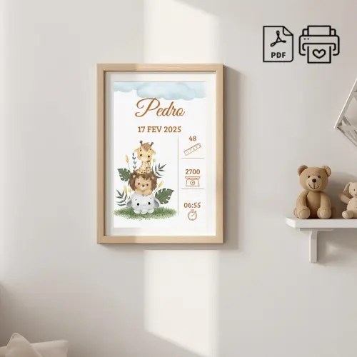 Quadro de Nascimento Personalizado Pedro - Safari Nuvem Arquivo D