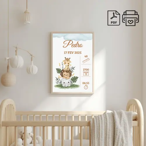 Quadro de Nascimento Personalizado Pedro - Safari Nuvem