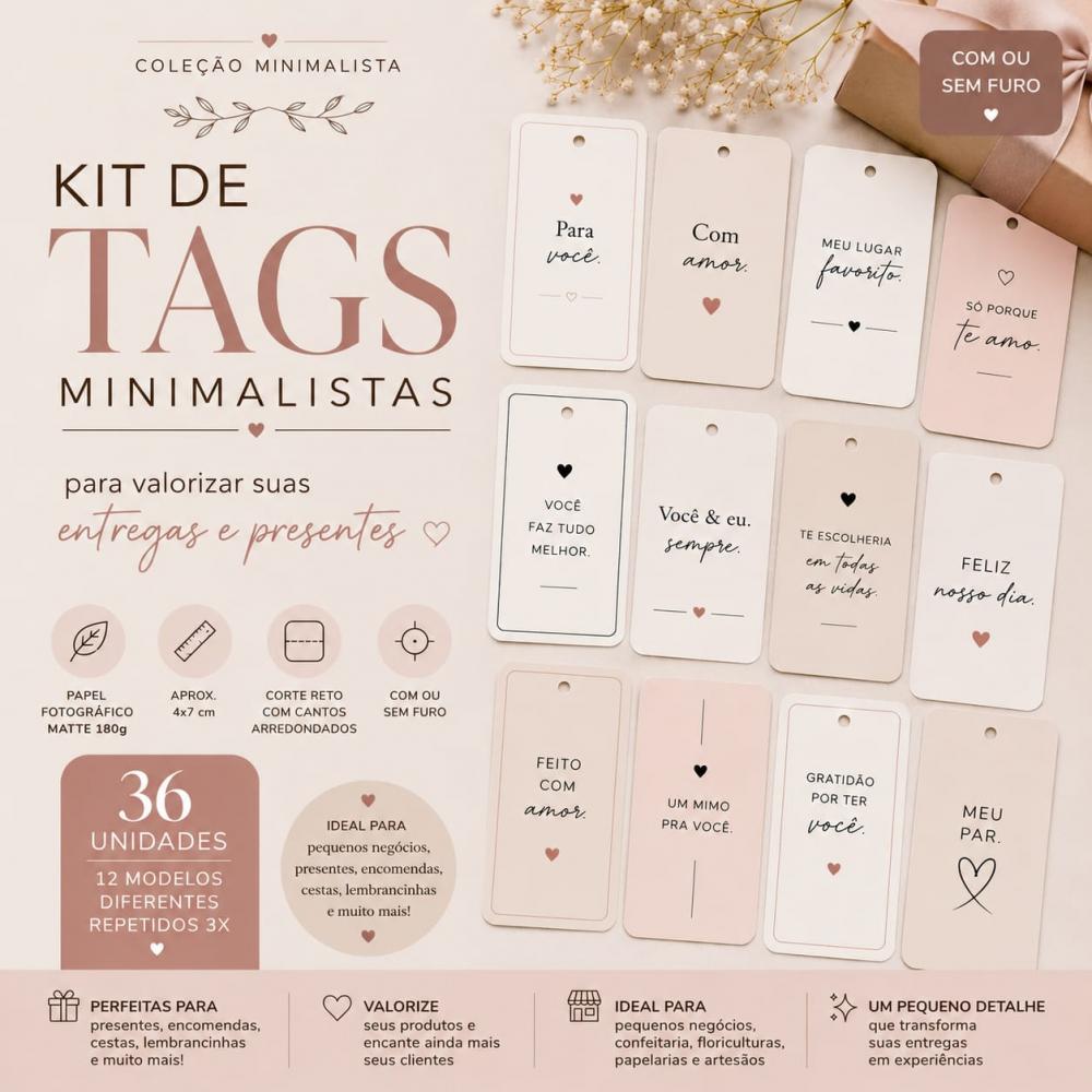36 Tags Dia dos Namorados Minimalista para Cestas, Flores e Prese
