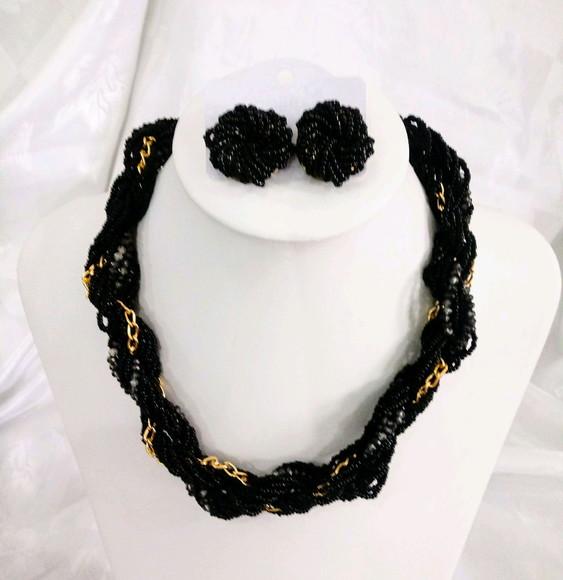 Colar de Miçangas e Cristais Preto/brincos