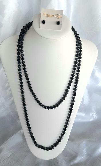 Colar de Pérolas de Vidro Black/brincos