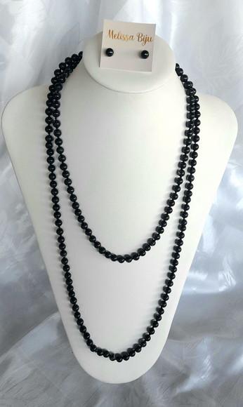 Colar de Pérolas de Vidro Black/brincos