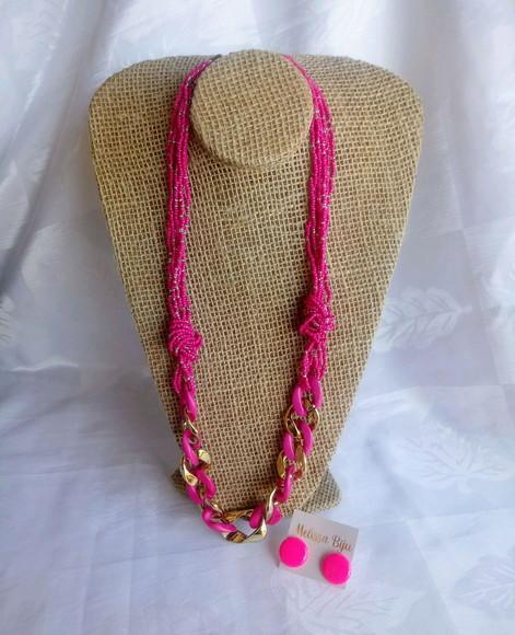 Colar Elos C/miçangas Rosa/ Brincos