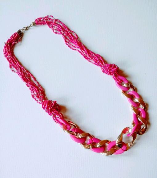 Colar Elos C/miçangas Rosa/ Brincos