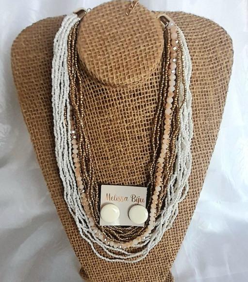 Colar Miçangas Branco-brincos-cristais