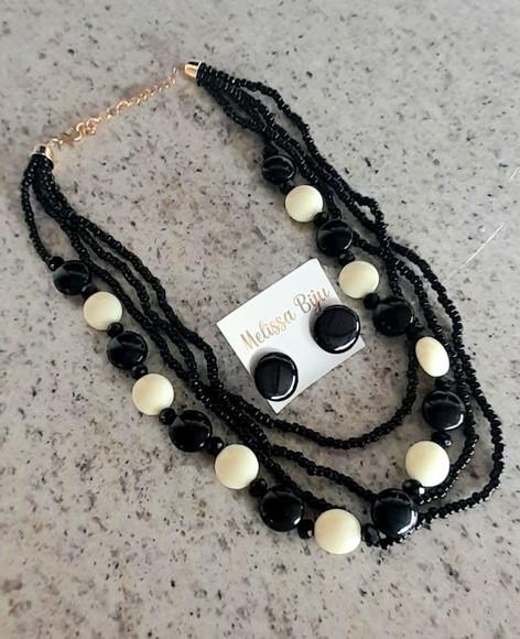 Colar Miçangas Pretas e Bege/brincos