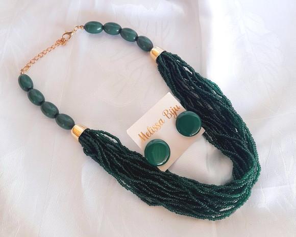 Colar Miçangas Verde Escuro - Brincos