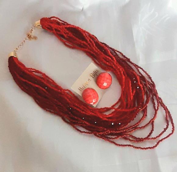 Colar Miçangas Vermelho-brincos-cristais