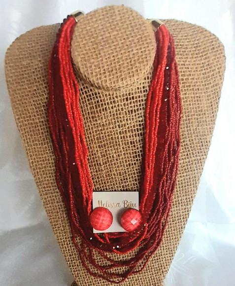 Colar Miçangas Vermelho-brincos-cristais