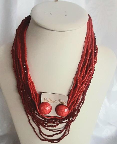 Colar Miçangas Vermelho-brincos-cristais