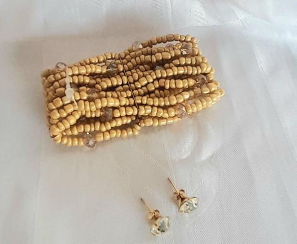 Pulseira de Miçangas e Cristais Bege/brincos