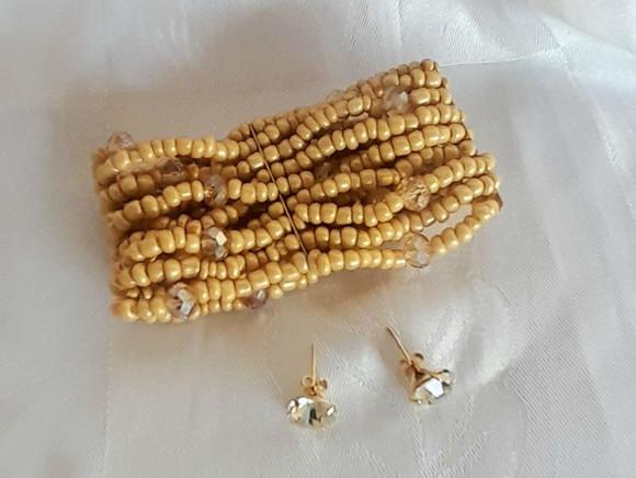Pulseira de Miçangas e Cristais Bege/brincos