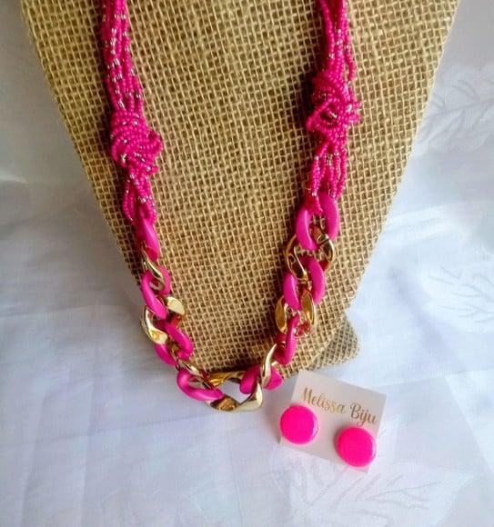 Colar Elos C/miçangas Rosa/ Brincos