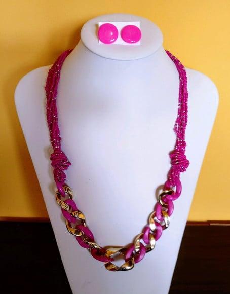 Colar Elos C/miçangas Rosa/ Brincos
