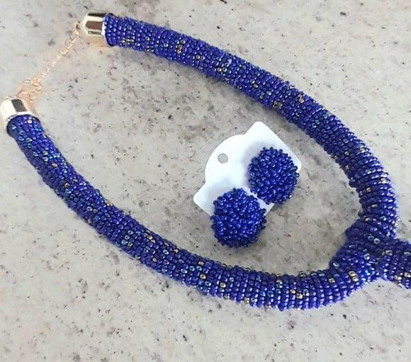 Maxi Colar Miçangas Azul c/ Brincos