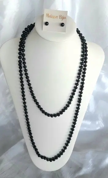 Colar de Pérolas de Vidro Black/brincos