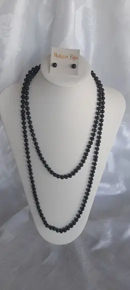 Colar de Pérolas de Vidro Black/brincos