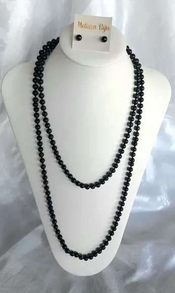 Colar de Pérolas de Vidro Black/brincos