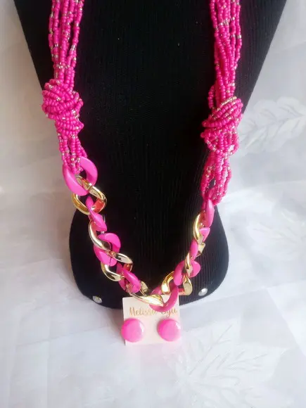 Colar Elos C/miçangas Rosa/ Brincos