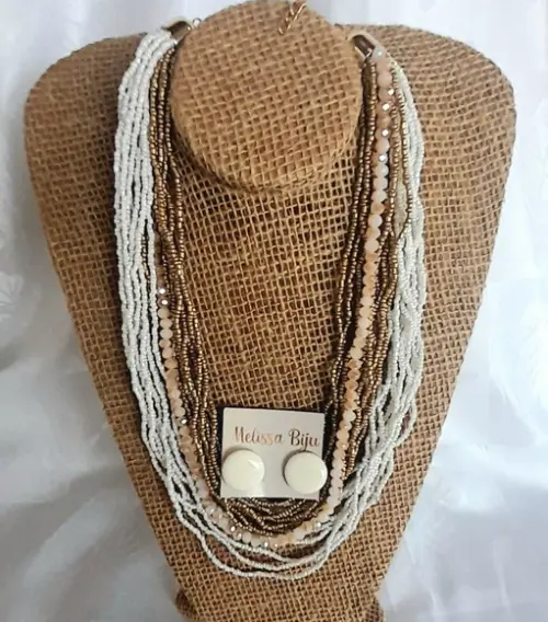 Colar Miçangas Branco-brincos-cristais