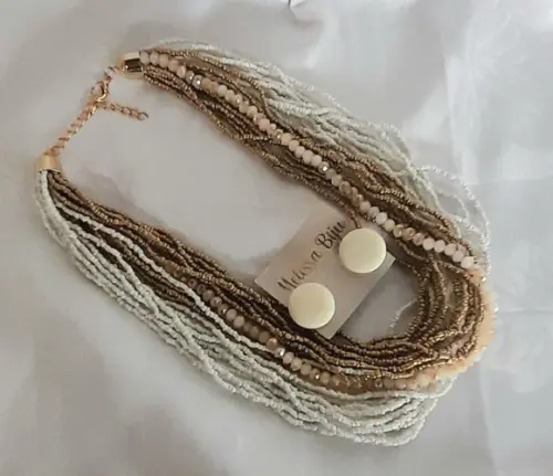 Colar Miçangas Branco-brincos-cristais