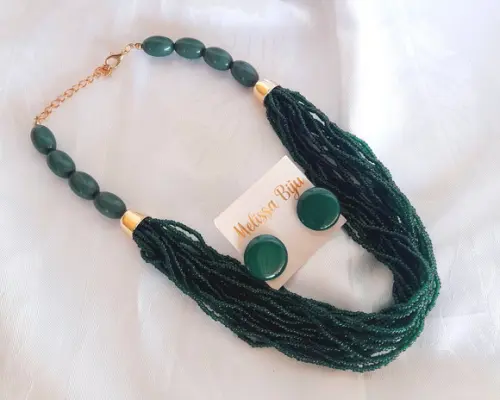 Colar Miçangas Verde Escuro - Brincos