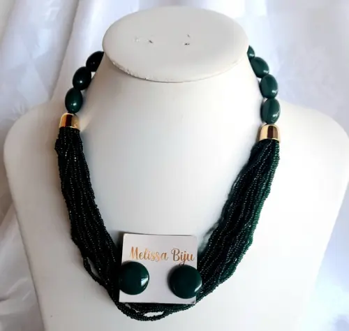 Colar Miçangas Verde Escuro - Brincos