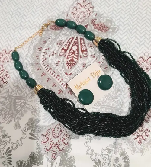 Colar Miçangas Verde Escuro - Brincos