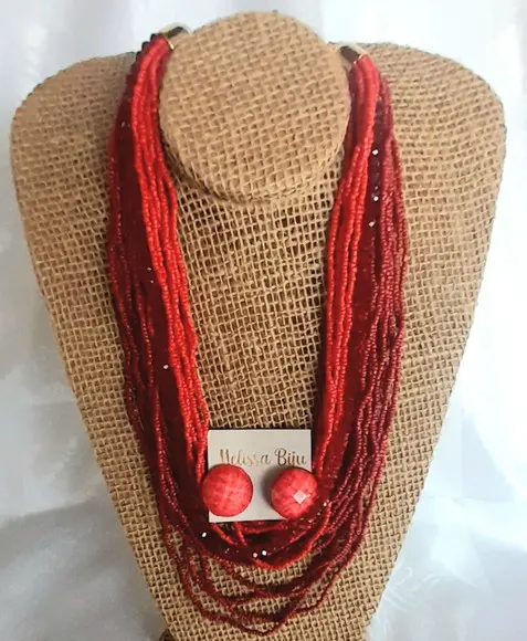 Colar Miçangas Vermelho-brincos-cristais