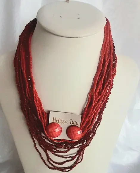 Colar Miçangas Vermelho-brincos-cristais