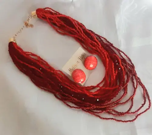 Colar Miçangas Vermelho-brincos-cristais