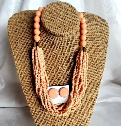 Colar de Miçangas Salmão/brincos