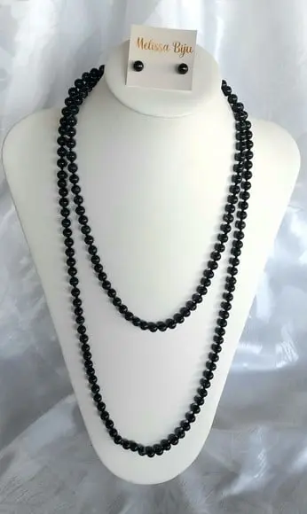 Colar de Pérolas de Vidro Black/brincos