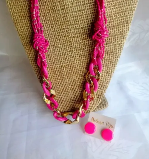 Colar Elos C/miçangas Rosa/ Brincos