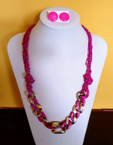 Colar Elos C/miçangas Rosa/ Brincos