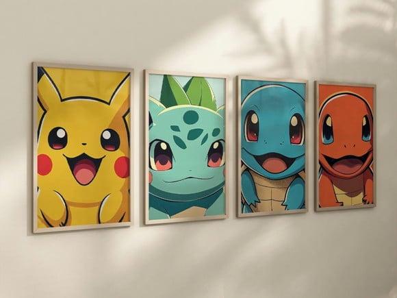 Kit 4 Quadros Decorativos Moldura Pokémon Arte Premium