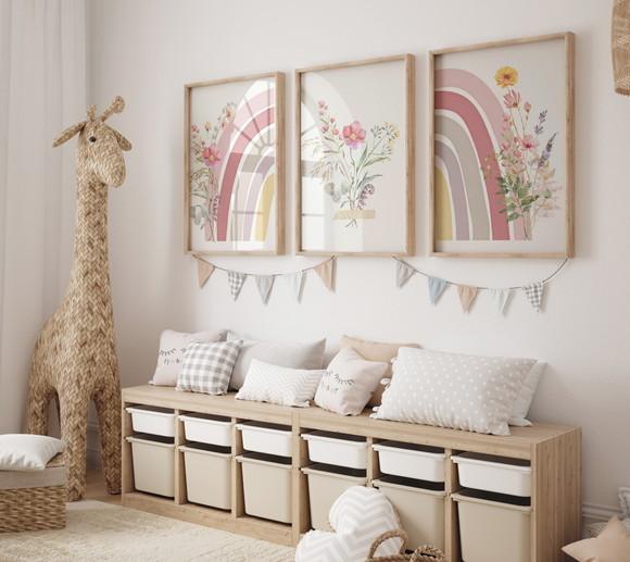 Kit 3 Quadros Boho Flores Arco-iris Quarto Infantil A3