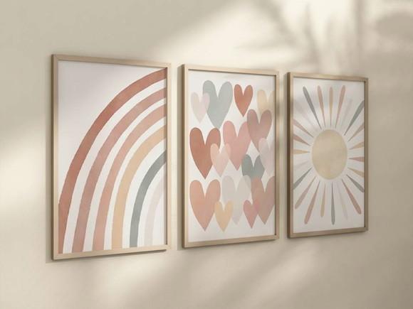 Kit 3 Quadros Boho Arco-iris Coração Sol Infantil Decora