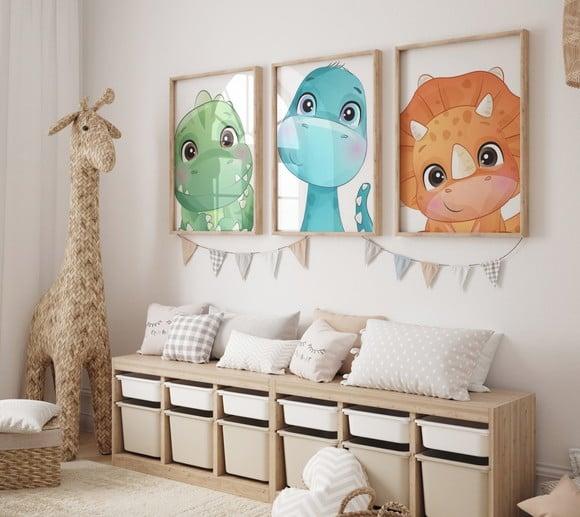 Kit 3 Quadros Decorativos Moldura Dinossauro Baby Grande A3