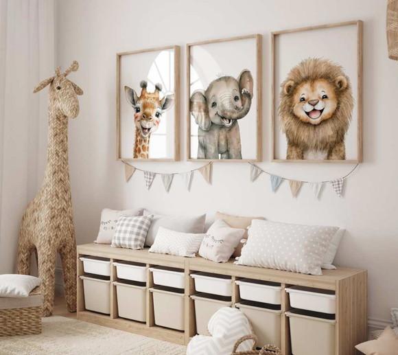 Kit 3 Quadros Safari Infantil Girafa Elefante Leão A3 34x44