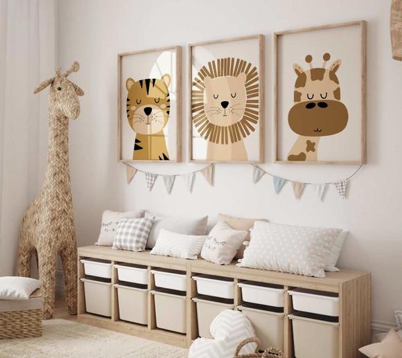 Kit 3 Quadros Decorativos Moldura Bebe Safari Animal Boho A3