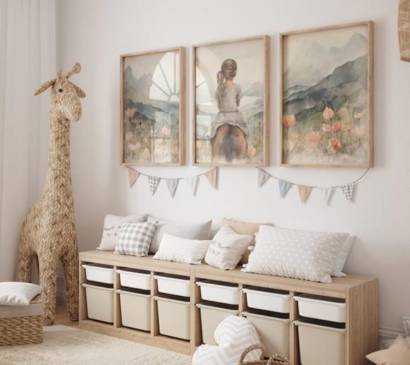 Kit 3 Quadros Decorativo Menina Aventureira Cavalo Arte A3 B